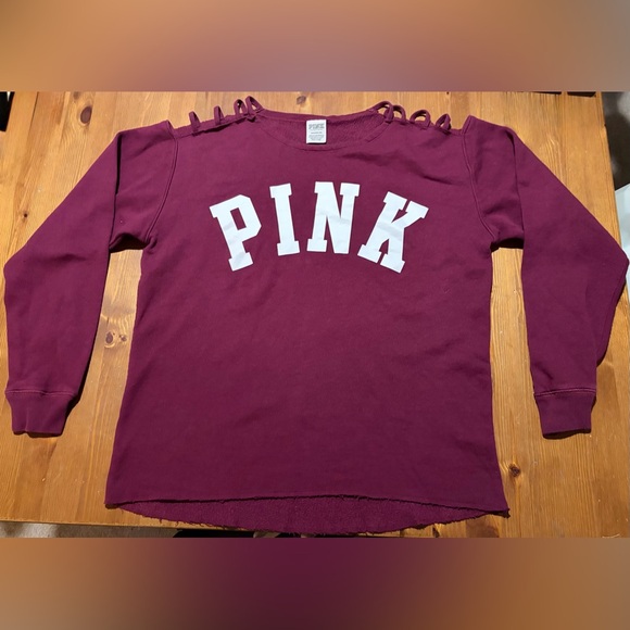 PINK Victoria's Secret Tops - PINK Victoria's Secret Maroon Cotton Blend Long Sleeve Tee Cut Out Shoulders